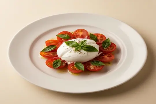 Burrata mit Tomaten und Basilikum auf weißem Teller