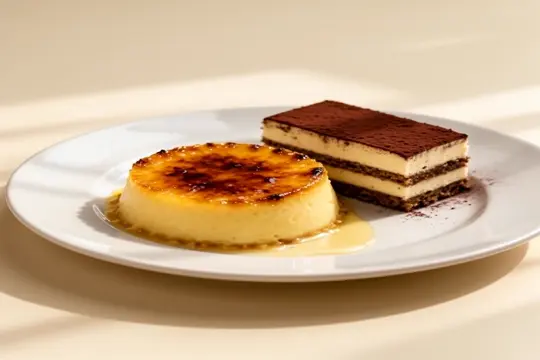 Crema Catalana und Tiramisu auf weißem Teller