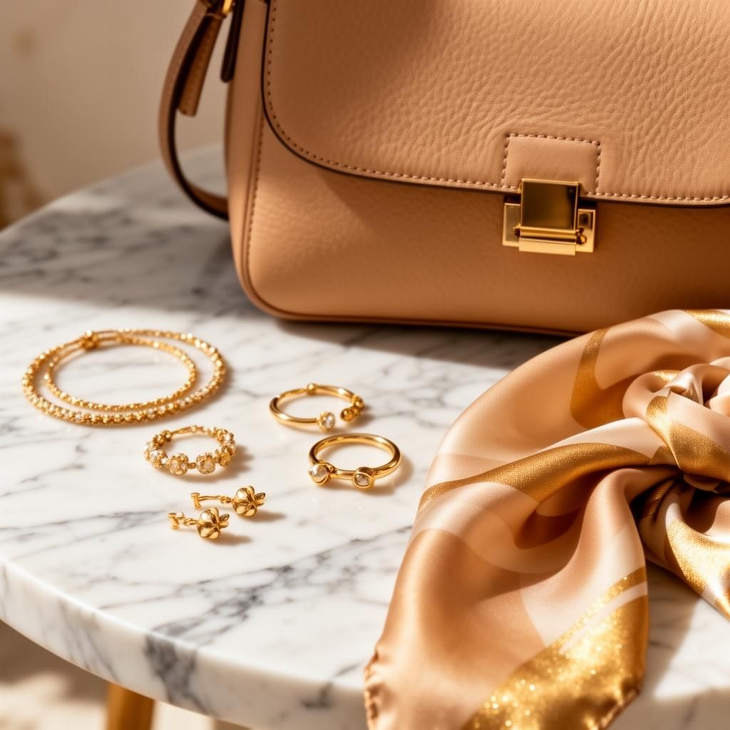 Premium-Accessoires und Schmuck auf Marmor – elegante Detailaufnahme einer Lifestyle-Marke