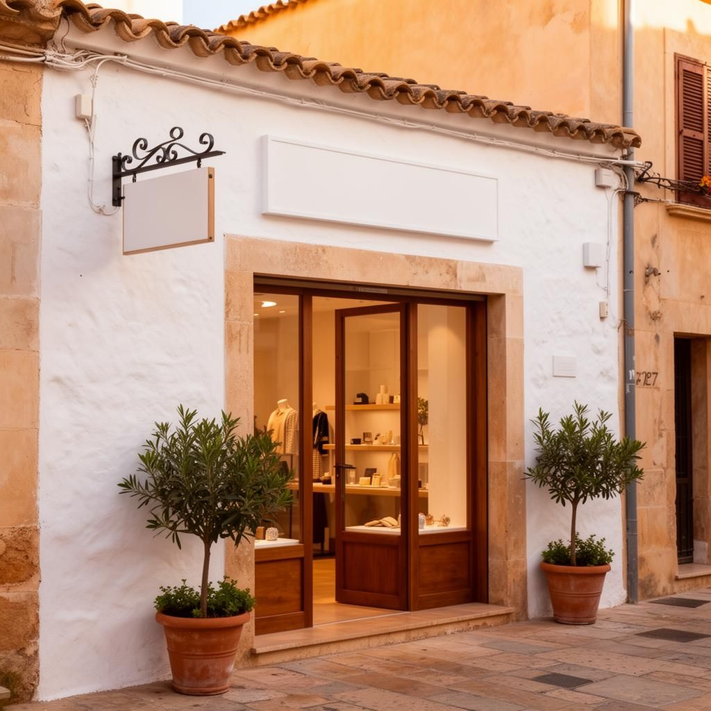Charmante Boutique-Fassade in einer Gasse auf Mallorca im warmen Nachmittagslicht