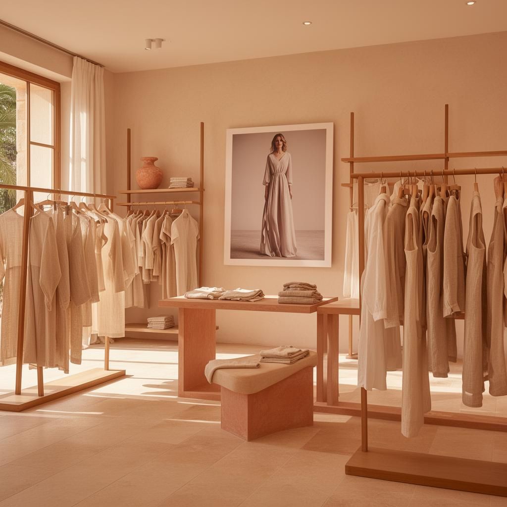 Elegantes Boutique-Interieur auf Mallorca mit kuratierten Mode-Displays und warmem mediterranem Licht