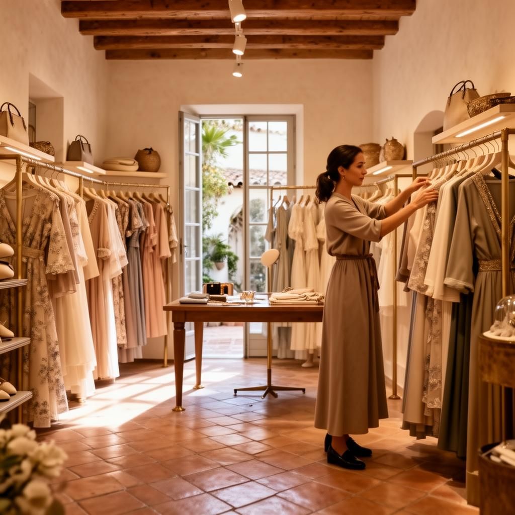 Stylistin arrangiert elegante Mode in einer Boutique mit warmem Licht