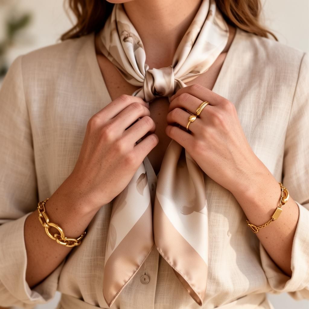 Detailaufnahme eines gestylten Outfits mit Seidentuch und goldenem Schmuck