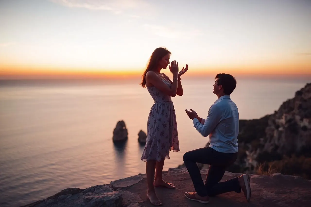 Heiratsantrag auf einer Klippe auf Mallorca bei Sonnenuntergang