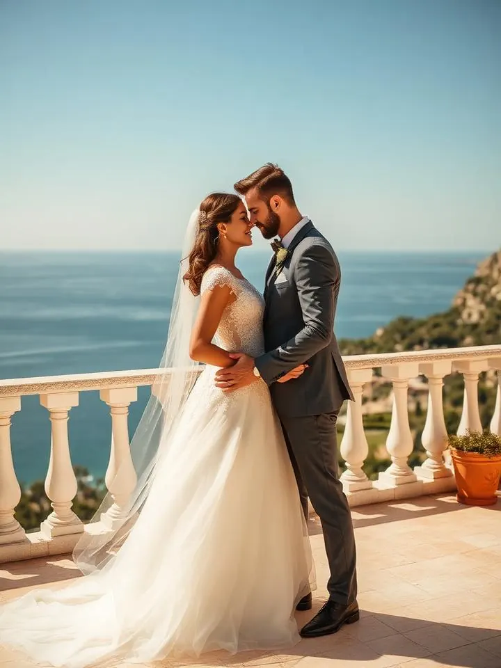 Hochzeitsfotografie auf einer Terrasse mit Meerblick auf Mallorca