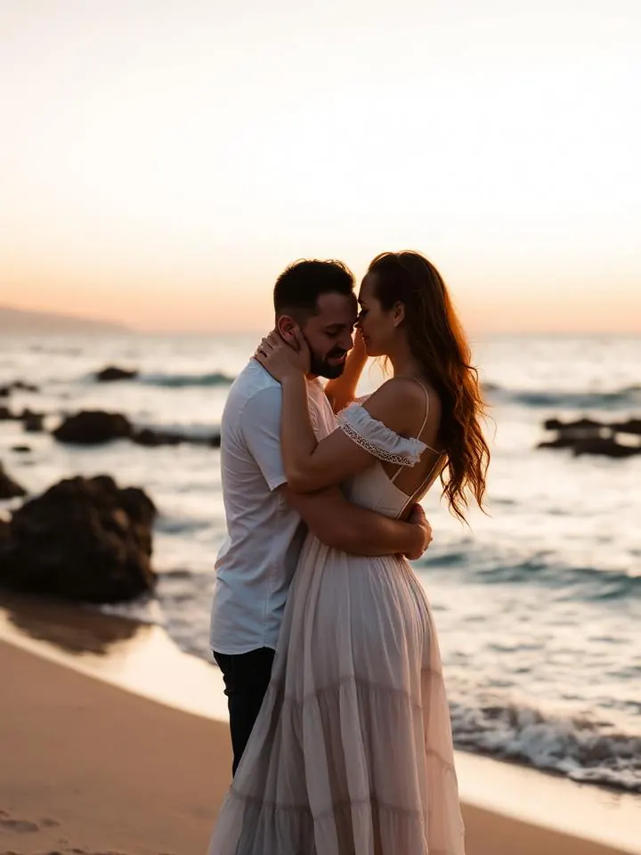 Paarshooting bei Sonnenuntergang am Strand von Mallorca
