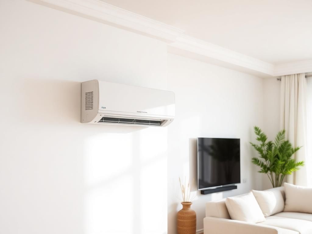 Sauber montierte moderne Split-Klimaanlage in einem hellen mediterranen Wohnraum