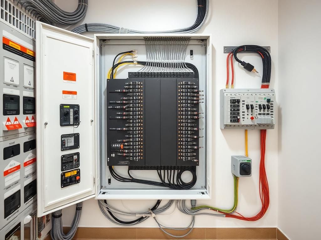 Modernisierter Sicherungskasten mit ordentlicher Verkabelung in einem hellen Technikraum
