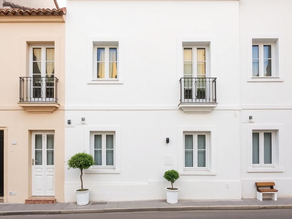 Frisch sanierte helle Fassade eines mediterranen Stadthauses auf Mallorca