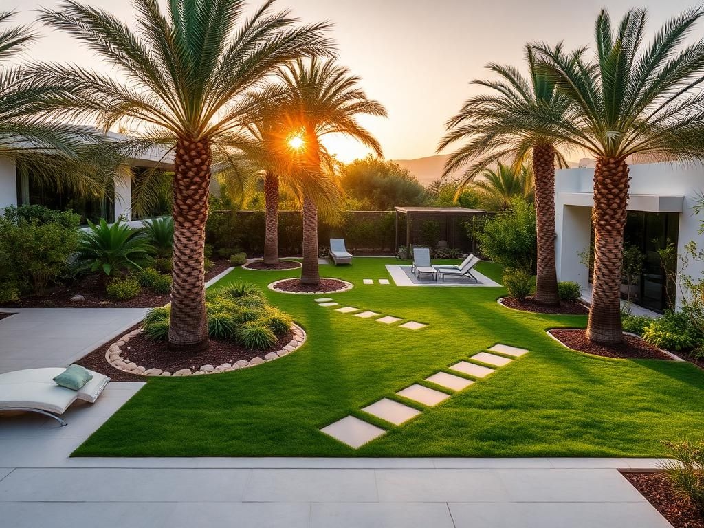 Neu gestalteter mediterraner Garten mit Palmen, Rasen und Steinwegen bei Sonnenuntergang