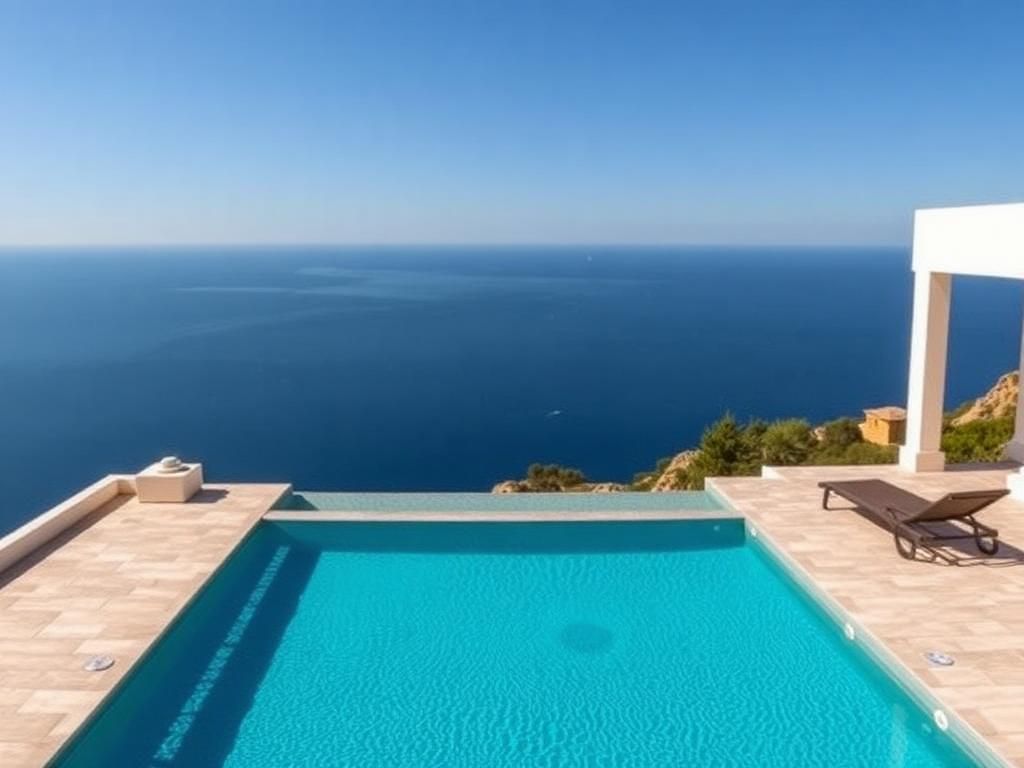 Neu gebauter Infinity-Pool mit türkisem Wasser und Meerblick auf Mallorca
