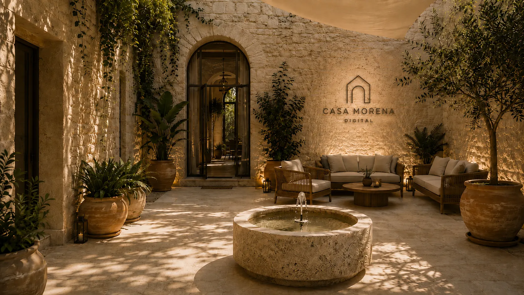 Patio mediterráneo de Casa Morena Digital en piedra natural: arco, zona lounge y fuente de piedra, con el logo de Casa Morena integrado en la pared y cálida luz de media tarde