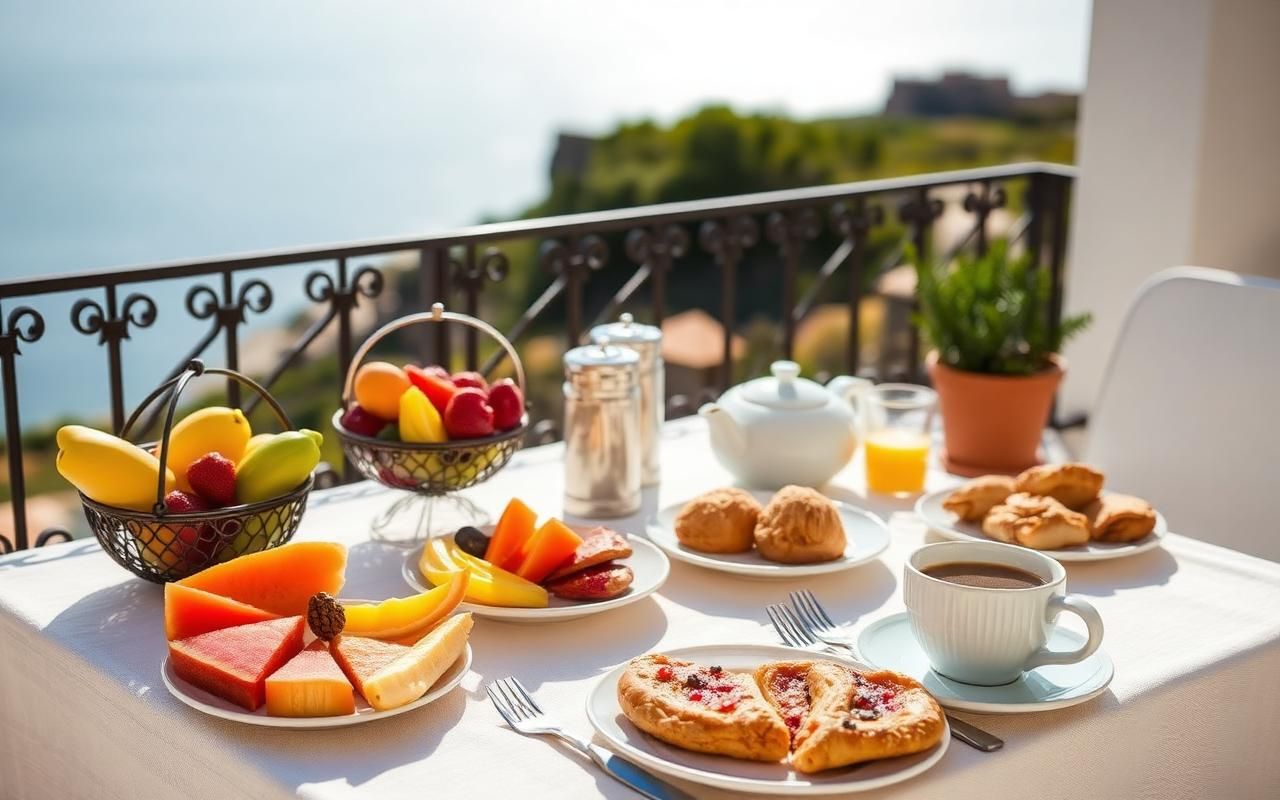 Mediterranes Hotelfrühstück auf einer sonnigen Terrasse