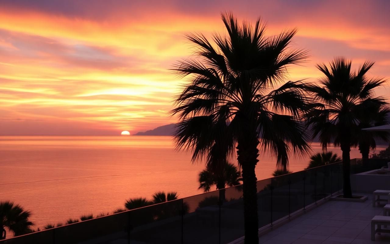 Sonnenuntergang über der Küste Mallorcas mit Palmen von der Hotelterrasse aus