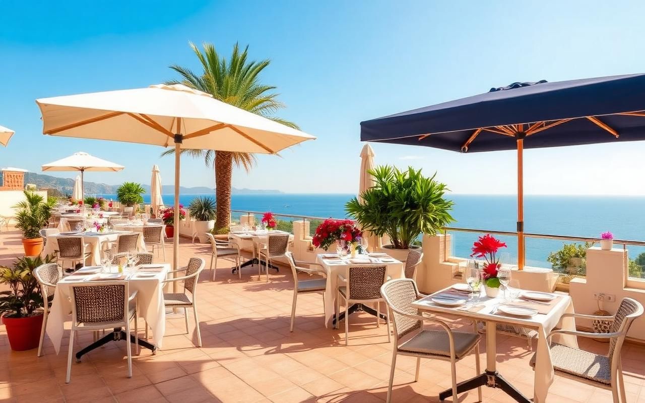 Einladende Hotelterrasse mit gedeckten Tischen und Meerblick auf Mallorca