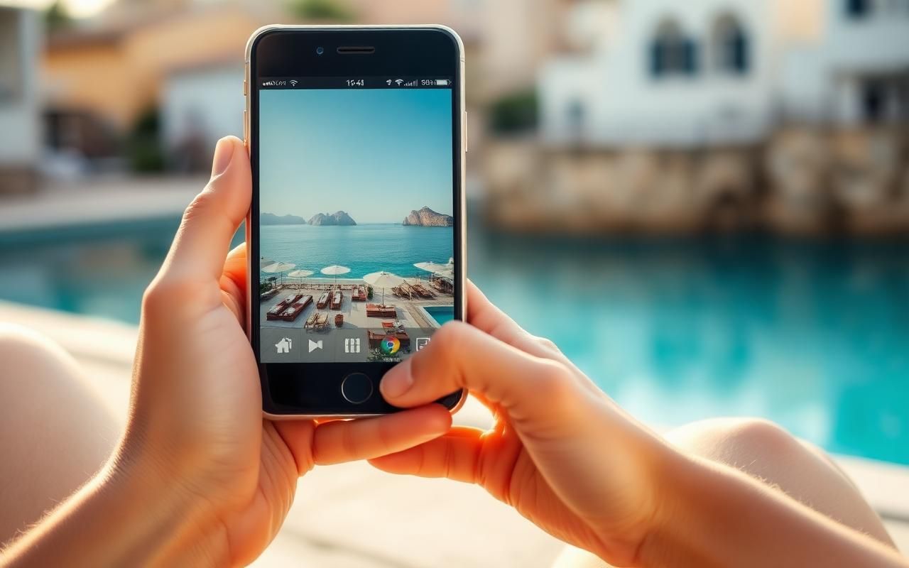 Person betrachtet Hotelbilder auf dem Smartphone mit mediterranem Hintergrund