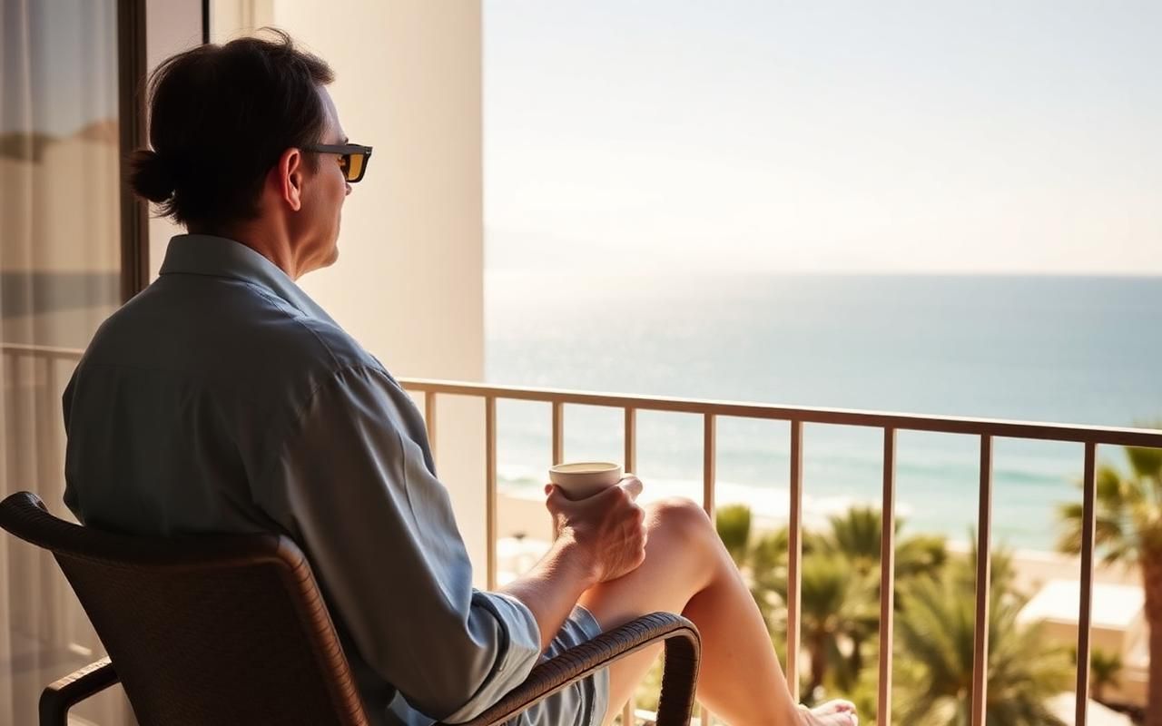 Gast genießt einen sonnigen Hotelbalkon mit Meerblick und einer Tasse Kaffee
