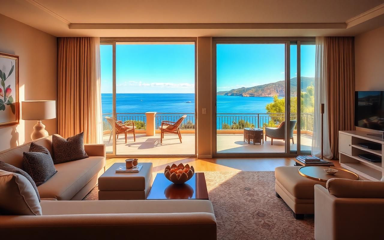 Hotelsuite mit Wohnbereich und privater Terrasse mit Meerblick