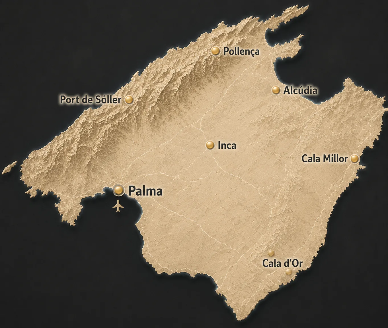 Mapa de Mallorca con ubicaciones de propiedades seleccionadas