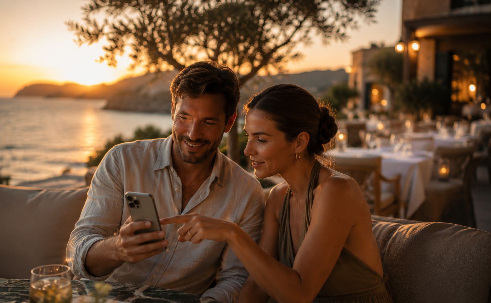 Paar betrachtet gemeinsam eine Restaurant-Webseite auf dem Smartphone bei Sonnenuntergang