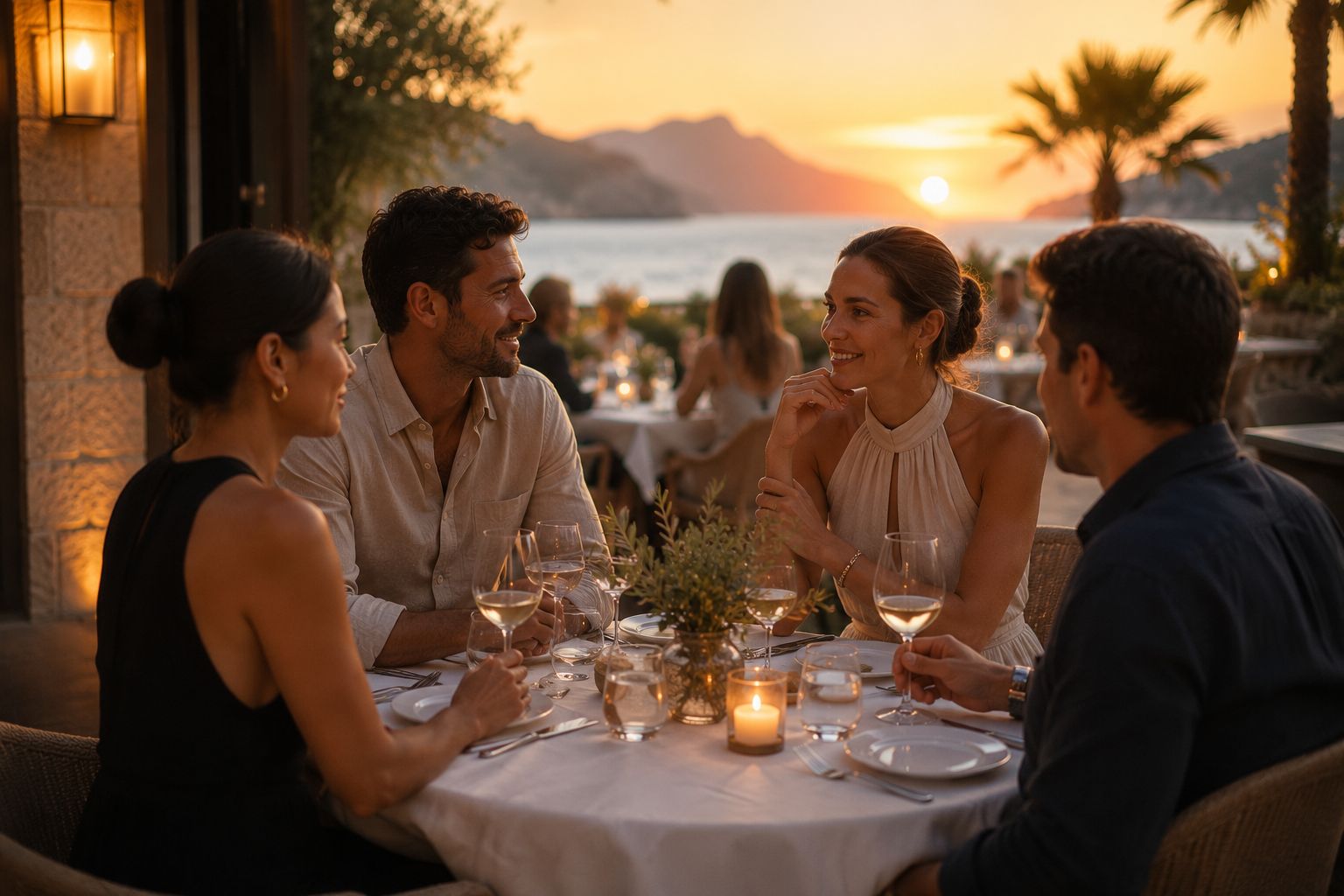 Internationale Gäste genießen gemeinsam ein Abendessen im Restaurant