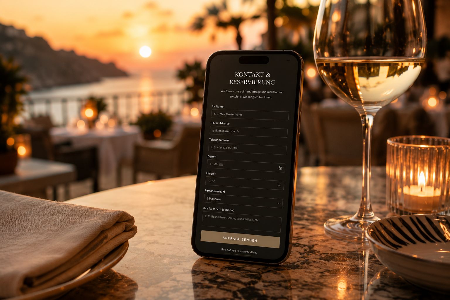 Smartphone mit Reservierungsformular auf einem Restauranttisch mit Meerblick bei Sonnenuntergang