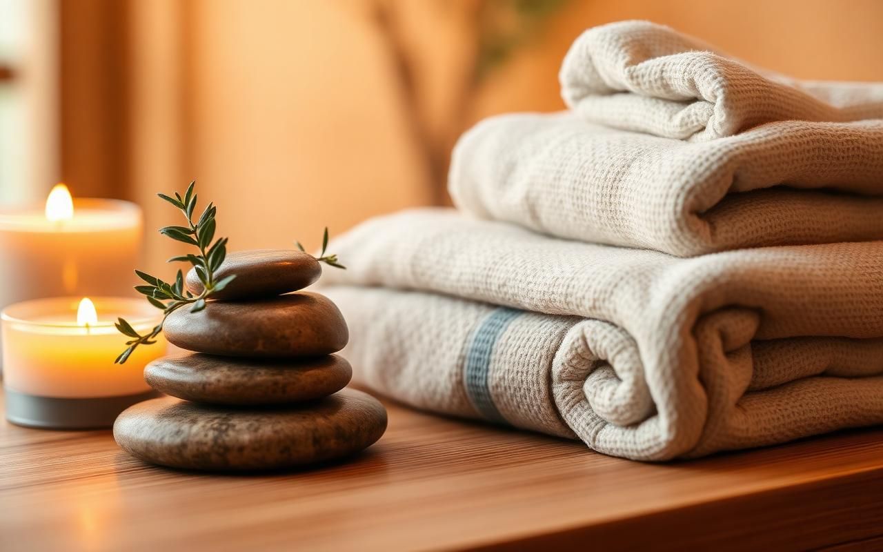 Spa-Details mit warmen Kerzen, Natursteinen und weichen Tüchern