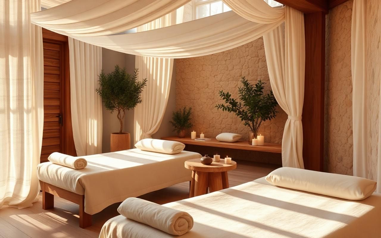 Helle Spa-Lounge mit weichen Liegen, Leinen und Mallorca-Tageslicht