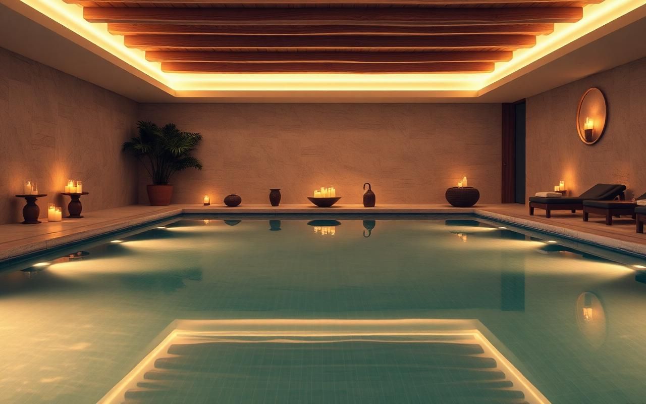 Ruhiger Spa-Pool mit warmem Licht und natürlichen Materialien