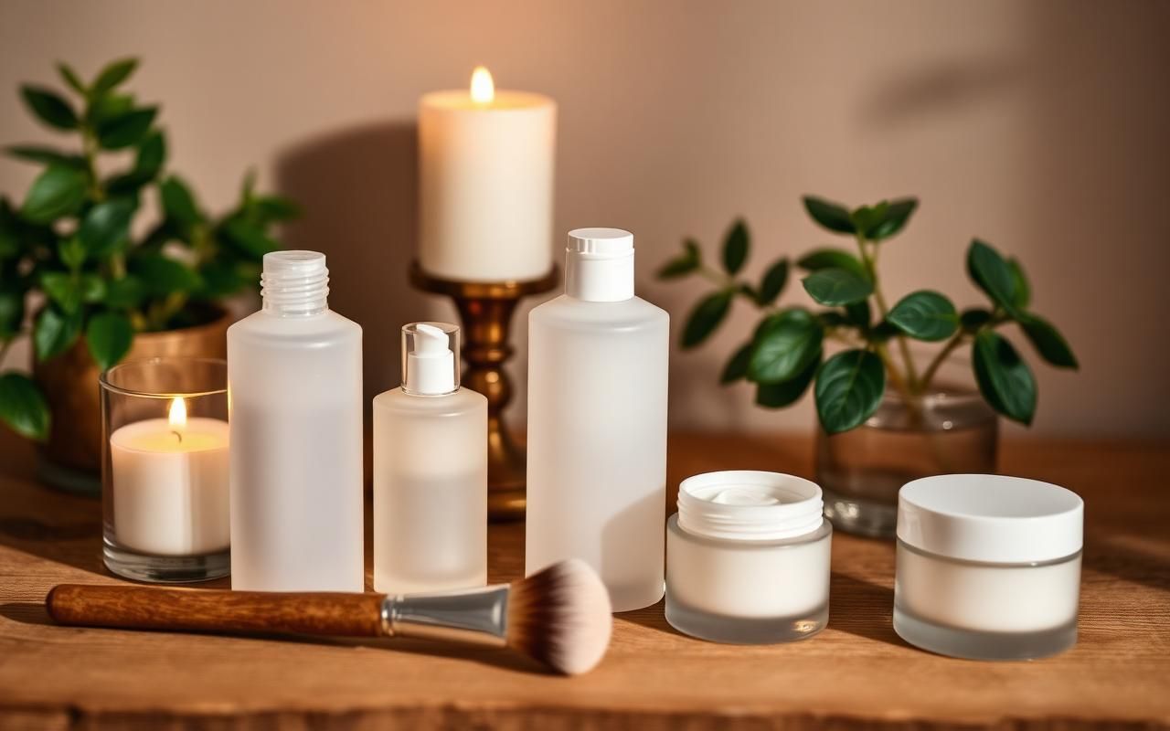 Hochwertige Beauty-Produkte und Pinsel auf warmem Holz mit Kerzen