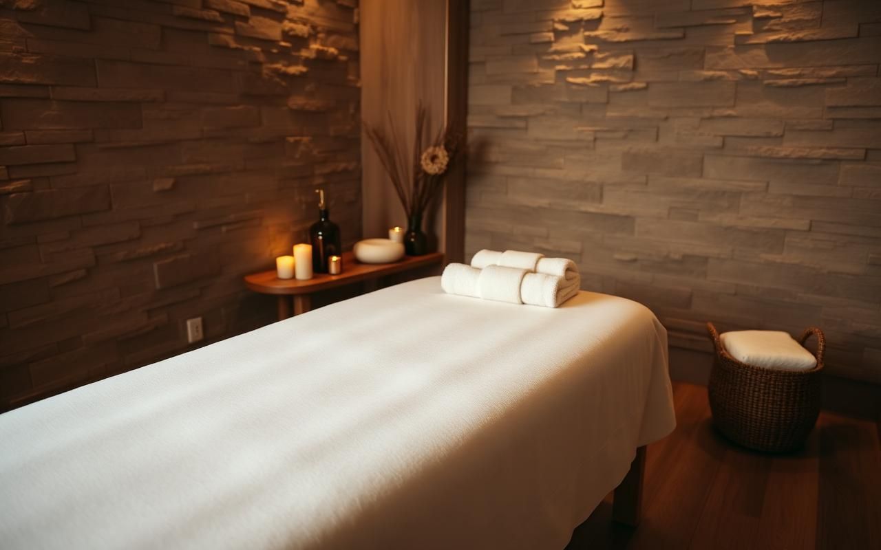 Ruhiger Massageraum mit Naturstein, Holz und warmem Kerzenlicht