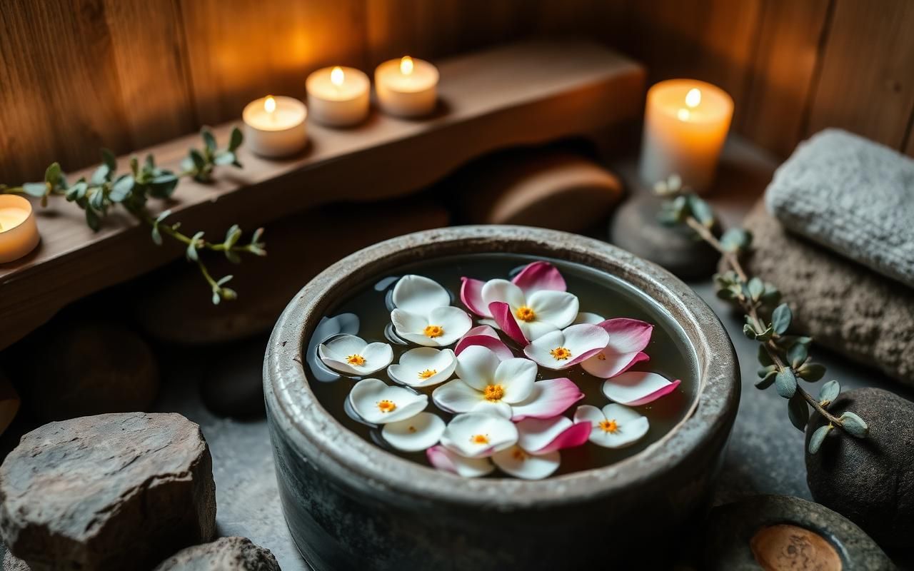 Spa-Ritual mit Blütenblättern in einer Steinschale und Kerzen