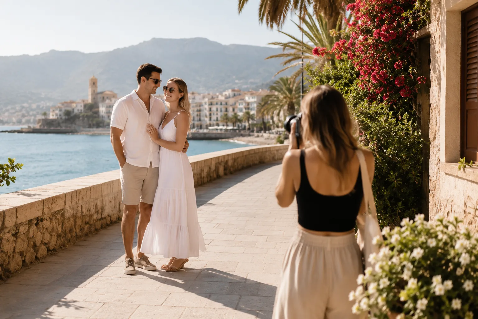 Fotógrafa en una sesión de pareja en la costa