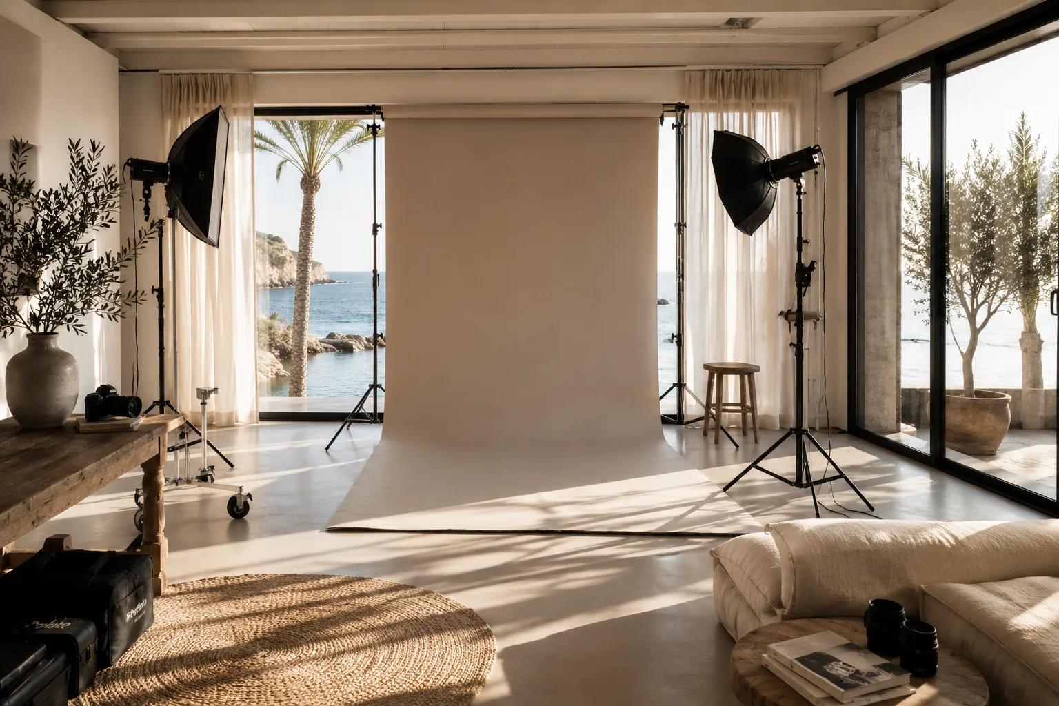 Estudio fotográfico minimalista con vistas al mar
