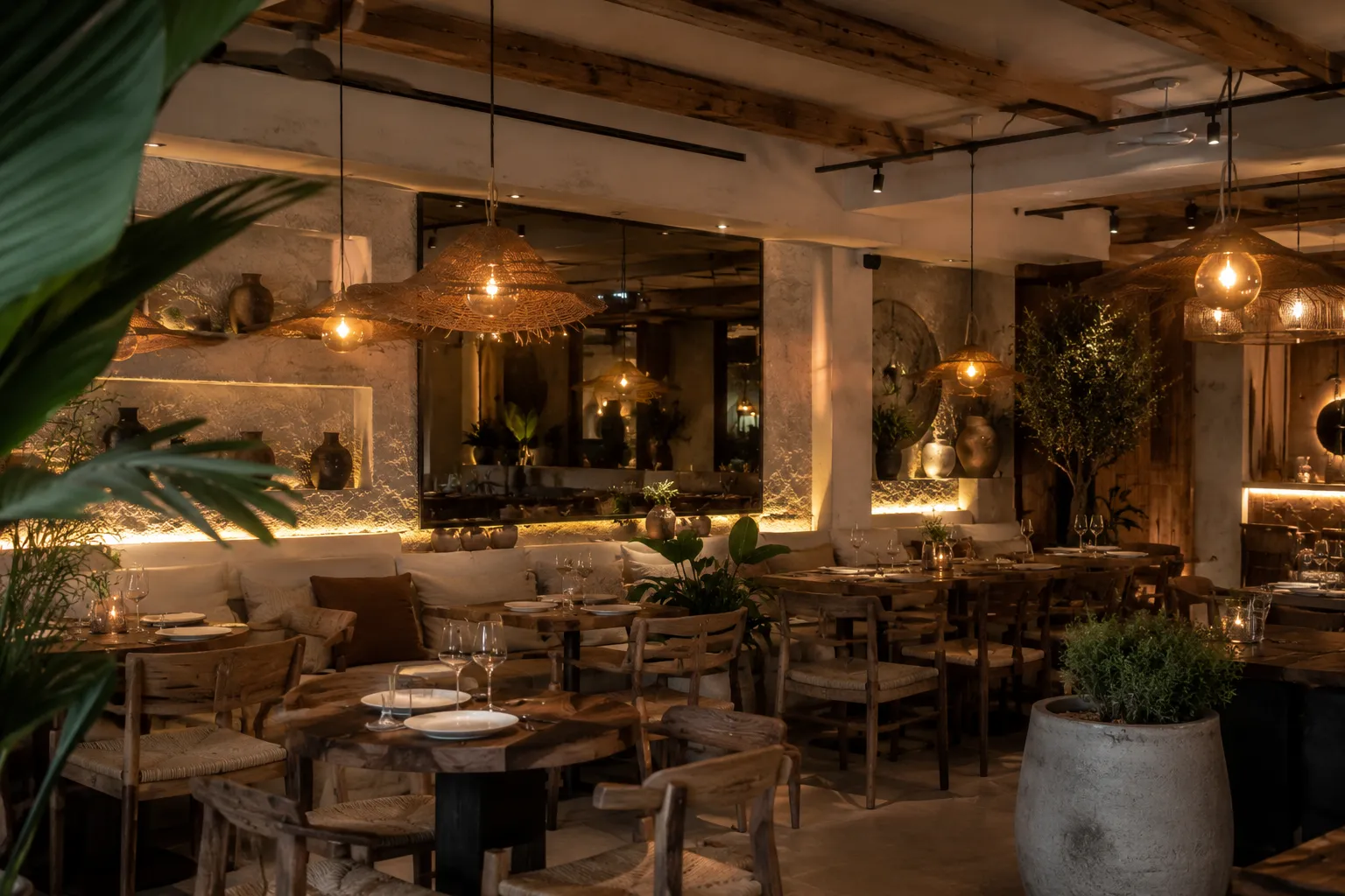 Restaurante mediterráneo iluminado con velas
